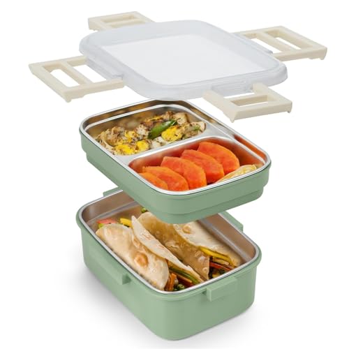 Image of ABOUT SPACE Lunch Box - 2 Tier Compartment 1200ml Insulated Tiffin Box with Silicon Gaskets Lid, No Leak-Proof Diet Food Partition Stainless Steel Bento Box for Men,Women,Kids - Green