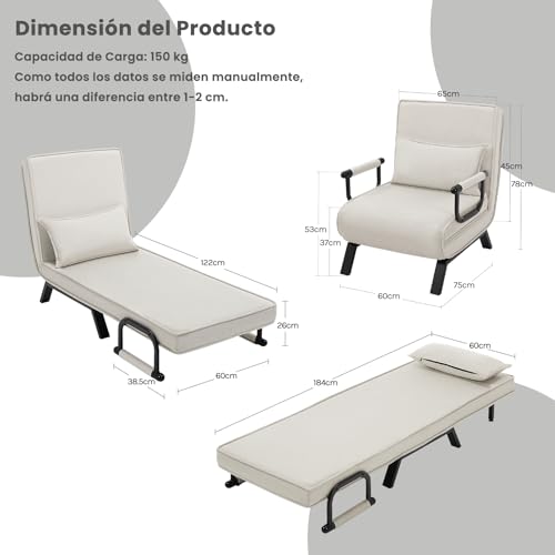 WOLTU Sofá Cama, Sillón Reclinable con Respaldo Ajustable, Puff Cama 1 Plaza, Butaca de Salón 3 en 1, Sillon Cama Individual con Almohada y Reposabrazos, Lino, 65 x 75 x 78cm, Beige - imagen 3