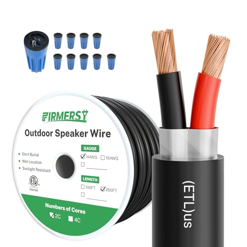 FIRMERST 14/2 Direct Burial Outdoor Shielded Speaker Wire 260 Feet,Oxygen-Free Copper (OFC) with Waterproof Connectors