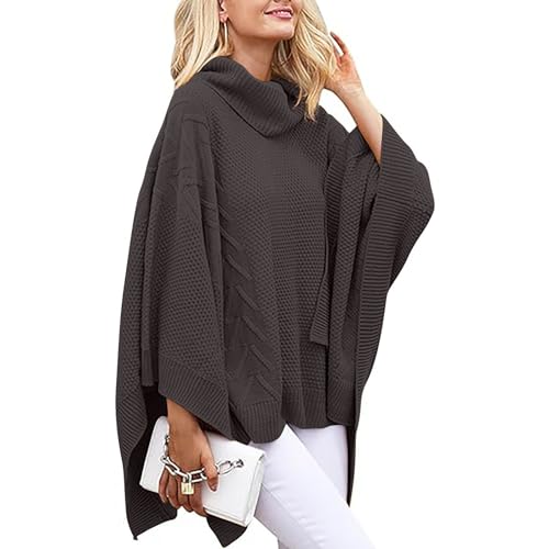 Womens Plus Size Poncho Sweater Oversized Chic Turtleneck Batwing Sleeve Asymmetric Knitted Pullover Shawl Wrap Cape3