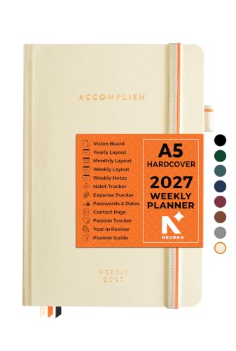 NEORAH — A5 Dated WEEKLY Planner 2027 ACCOMPLISH—264 Pages of Yearly |12 Month | 52 Week+24 Hours + Notes pages for each week—Office Diary Academic diary-Hardcover [Pen Loop Attachable] (AFTERGLOW)