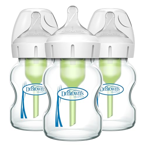 Image of Dr. Brown's Natural Flow Anti-Colic Options+ Wide-Neck Glass Baby Bottles 5 oz/150 mL, with Level 1 Slow Flow Nipple, 3 Pack, 0m+