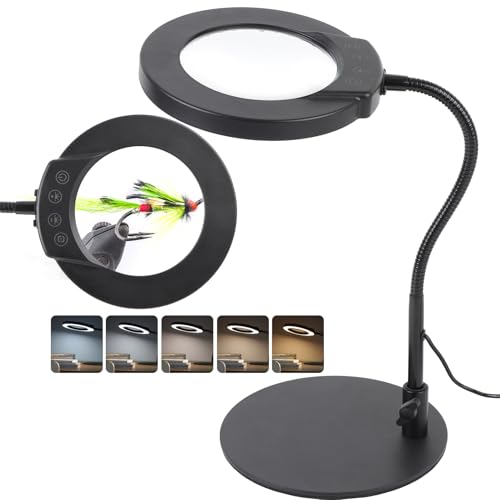 HISUEKIG 10X Magnifying Glass with Light and Stand, 5 Color Modes Stepless Dimmable LED Lighted Desk Lamp, Flexible Gooseneck Magnifying Desk Lamp for DIY Craft Reading Painting Sewing Work Round