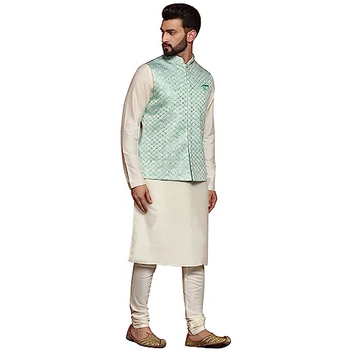 Image of KISAH Men's Navy Blue Printed Cotton Kurta - Regular Fit Long Tunic with Mandarin Collar | Ethnic Wear for Weddings & Festive Occasions