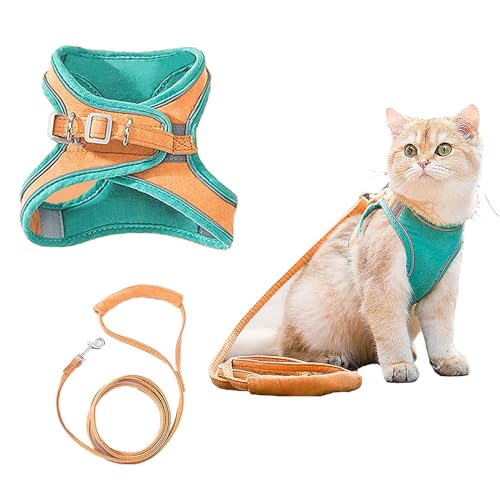 Peukialt 猫用 ハーネス 胴輪 猫具 ねこ ネコ 子猫 小型犬 犬猫兼用 ソフト胸あて 散歩 お出かけ 抜けない ベスト ソフト胸あて 軽量 夜反射 通気メッシュ サイズ調節可 ナイロンバックルで留める (グリーン、オレンジ, 2XL)