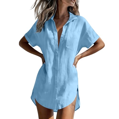 Musselin Bluse Damen Sommer Kurzarm Longbluse Baumwolle V-Ausschnitt Hemdbluse Lässiges Einfarbig Hemd Loose Tunika Oberteile mit Knöpfen