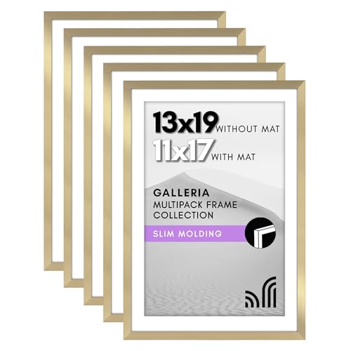 Americanflat 13x19 Picture Frame with Polished Plexiglass - Set of 5 - Use as 11x17 Frame with Mat or Display 13x19 Photo Without Mat - Galleria Collection - Picture Frames for Wall Display - Gold