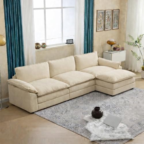 Image of SRMS Sectional Sofa Modern Deep 4 -Seat Sofa Couch | 3 + 1 ottoman | Chenille Sofa Sleeper Comfy Upholstered Furniture for Living Room, Apartment, Studio, Office | L Shape | Cream