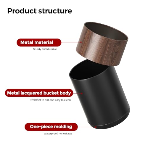 Image of 3.1GAL Modern Metal Waste Bin with Realistic Wood Texture,Built-in Bag Holder,Open-Top Trash Bin for Bathroom,Home,Office,Living Room (3.1gal Round)
