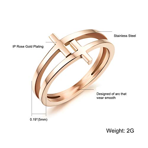 Womens Elegant 18K Rose Gold Stainless Steel Double Cross Ring Christian Fashion Wedding Engagement Band2