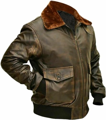 Men's G-1 Fur Collar Bomber Jacket - Air Force US Military Genuine Leather Bomber Jacket Winter Coat3