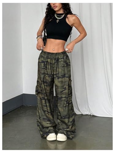 Women's Y2k Camo Graphic Wide Leg Cargo Pants Drawstring Waist Baggy Track Trousers Streetwear3