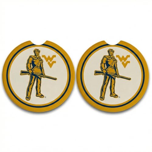 Magnolia Lane University of West Virginia Set of 2 Car Coasters- Absorbent Ceramic Stone for Cup Holders - Features “the Mountaineer” and Finger Notch for Easy Removal- Gift for Students and Graduates