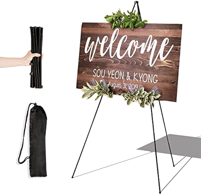 Easel Stand for Display Wedding Sign & Poster - 63 Inches Tall Easle for Display Holder - Portable Collapsable Poster Easel - Floor Adjustable Metal Painting Easels Tripod Black
