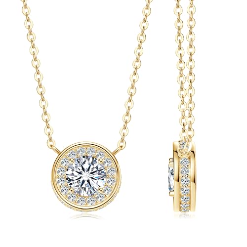 Moissanite Necklace for Women, 925 Sterling Silver 1 Carat Lab Created Moissanite Halo Pendant Anniversary Valentine's Day Birthday Gifts for Mom Wife