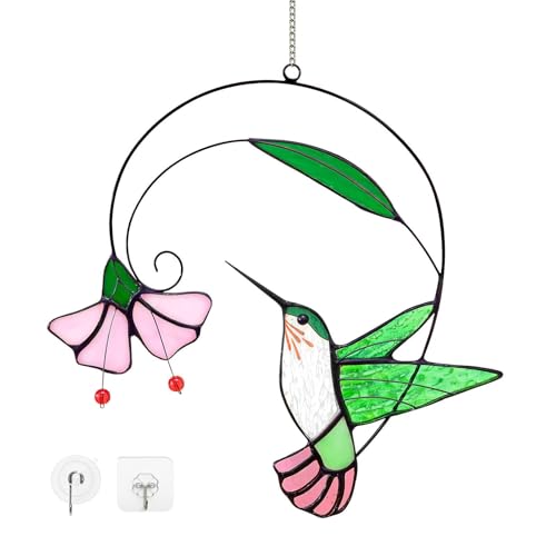 Stained Glass Hummingbird Suncatcher with Flower Branch - Handmade Real Glass Window Hanging Bird Safe Gift for Women Mom & Bird Lovers - Vibrant Porch & Kitchen Decor (Green)