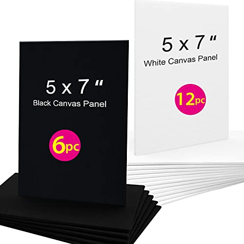 Phoenix Black And White Canvas Panels, 5X7 Inch, 18 Bulk Pack - 8 Oz Triple Primed 100% Cotton Acid Free Canvases For Painting, Blank Flat Canvas Boards For Acrylic, Oil, Watercolor & Tempera Paints #TOP4