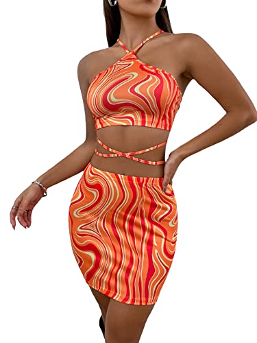 Wdirara Women's 2 Piece Outfits Marble Print Criss Cross Halter Crop Top Bodycon Skirt Set Orange S #TOP29
