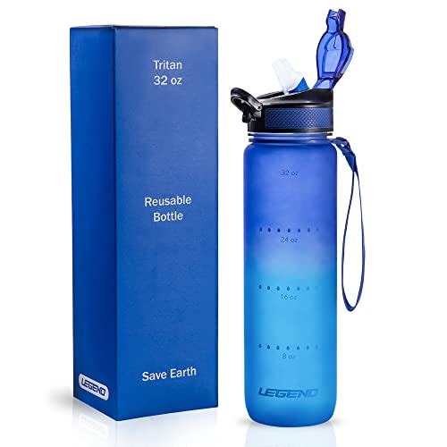 LEGEND 32oz Water Bottle with Time Tracker - No BPAs, Premium Tritan Plastic - Portable Motivational Water Bottles for Gym, Office, School - Leakproof Cap, Removable Silicone Straw, Carry Strap - Blue