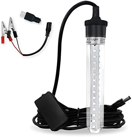XINHAOHANG Led Fishing Light,Ice or Night Fishing,Battery Clip 12V 6.5W 800LM IP68 5M,Underwater Submersible Lure Lamp,Attractants for Squid,Crappie,for Dock,Fresh & Salt Water(White)