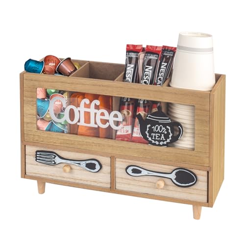 Guolich Porta Cialde Caffe Porta Capsule Caffe,Portacialde da Caffè,Porta Tisane in Legno con 2 cassetti per Organizzare Capsule, Cialde,Tisane,Zucchero,Cannucce,Bicchierini da Caffè (Marrone Chiaro)