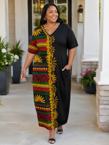 Image of Plus Size Maxi Dress for Women Short Sleeve V Neck Casual Loose Sundress with Pockets