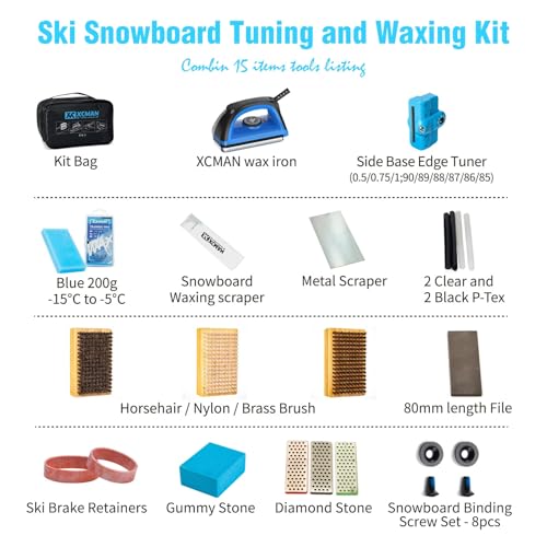 XCMAN Complete Ski Snowboard Tuning Waxing Combo Kit with Waxing Iron,Ski Wax,Side Base Edge Tuner,Ptex Base Repair,Gummy Stone,Diamond Stones for Ski Snowboard EdgeTuning