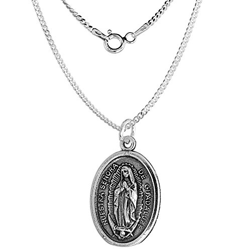 Sterling Silver Our Lady Of Guadalupe Medal Pendant Oxidized Finish Oval 7/8 Inch #TOP12