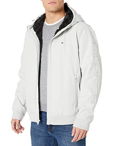 Tommy Hilfiger Men's Soft Shell Sherpa Lined Logo Hoody Bomber Jacket, Ice, XX-Large
