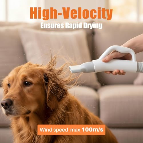 Image of NEWBULIG Dog Hair Dryer, 1550W High Velocity Pet Blow Dryer with Heater for Grooming, Speed Temperature Adjustable Dog Blower Grooming with 4 Nozzles, White