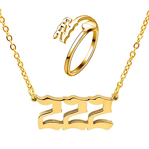 SMUK Angel Number Necklace, Dainty 18K Gold Plated Number 222 333 444 777 888 Necklace Pendants Choker Necklace Numerology Jewelry with Angel Number Ring for Women Gifts (222-Gold)