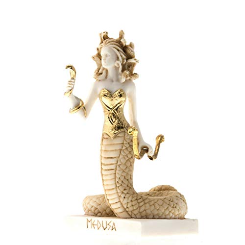 Statue de Méduse en albâtre avec tête de serpents - Grec antique - Doré - 17 cm
