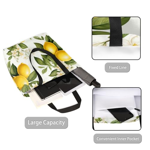 Lemon Blossom Leaf Large Capacity Canvas Tote Bag Stylish Handheld Shoulder Bag Reusable Shopping Bag for Work Travel Beach Trips Shopping2