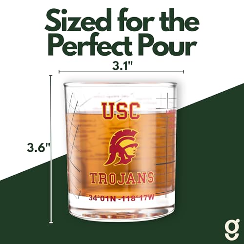 Image of Greenline Goods University of Southern California Trojans Whiskey Glasses Set of 2, 10 oz Rocks Glasses with Full-Color Logo & Campus Map - Officially Licensed Bourbon Glass Gift for Alumni & Fans
