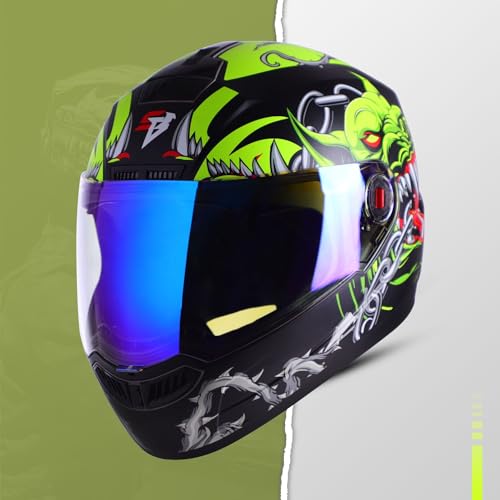 Image of Steelbird SBA-1 Angry Dog ISI Certified Full Face Graphic Helmet for Men and Women (Medium 580 MM, Glossy Black Neon with Night Vision Blue Visor)
