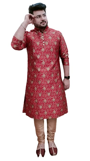 Larwa Men New Look Gold Plant Jacquard Kurta & Churidar Set With ...