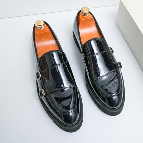 Men's Patent Leather Double Monk Strap Platform Slip On Loafers,Fashion Classic Non-Slip Lug Sole Dress Smoking Shoes,Business Casual Comfort Penny Loafers2