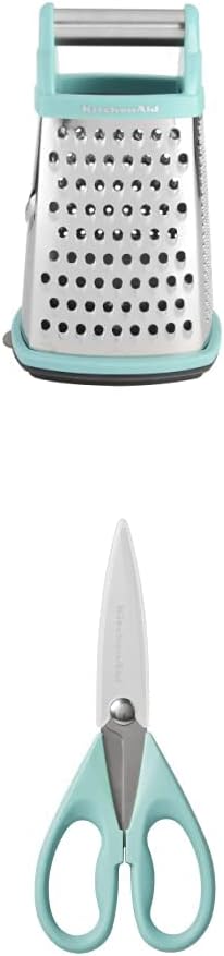 KitchenAid Gourmet 4-Sided Stainless Steel Box Grater with Detachable Storage Container, 10 inches t & KitchenAid All Purpose Shears with Protective Sheath, 8.72-Inch, Aqua Sky