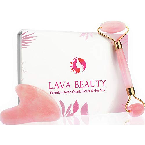 LAVA BEAUTY 2 in 1 Natural Rose Quartz Face Roller & Gua Sha | Facial & Eye Massager Anti Aging Skin Tool Set | Jade Roller Alternative Slimmer | Pink Stone
