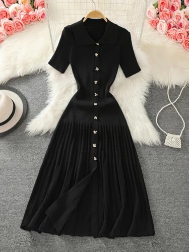 LIXINGHEITANG Summer Women's Black Knitted Long Dress green8 Elegant Office Lady Short Sleeve Pleated2