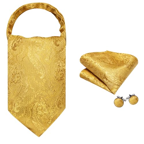 Image of Barry.Wang Ascot Ties Cravat Tie Men Paisley Plaid Scarf Self Tie Pocket Square Cufflinks Set Wedding Party