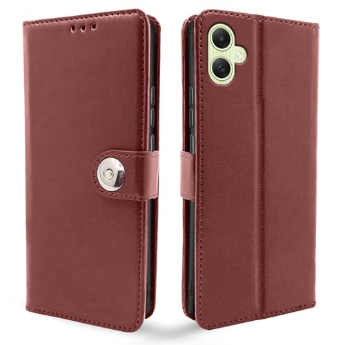 Image of Pikkme Flip Cover Leather Finish | Inside TPU with Card Pockets | Wallet Stand and Shock Proof | Complete Protection Button Flip Case for Samsung Galaxy A05 / M05 / F05 (Brown)