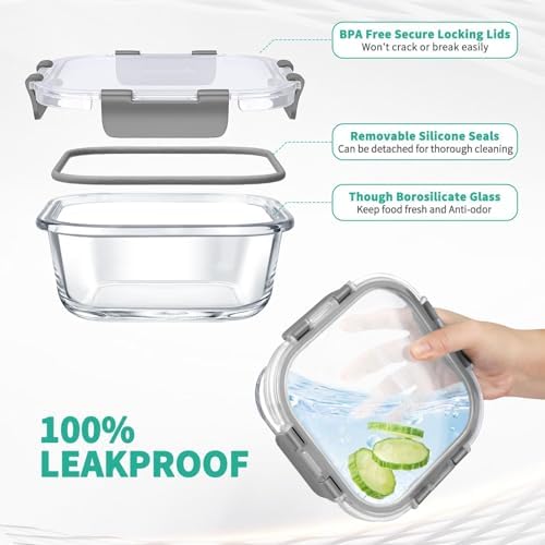34pcs Glass Food Storage Containers with Lids Set, Airtight Glass Meal Prep Containers (17 Containers & 17 Lids), Leak Proof Lunch Container BPA-Free, Microwave, Oven, Freezer, Dishwasher Safe-Grey - Thumbnail 5