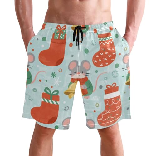 Men's Swim Trunks Quick Dry Swimming Shorts with Pocket Christmas Mice with Stockings Swimsuit Trunks