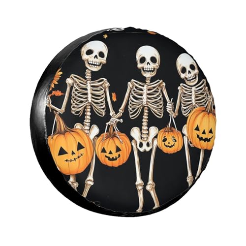 Image of Fall Skeleton Pumpkins Spare Tire Cover,Cute Funny Skull Wheel Protectors Weatherproof Universal Fit for Trailer RV SUV Truck Camper Trailer Travel Outdoor,14 inch