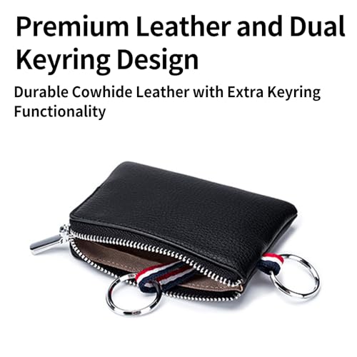 Coin Pouch for Men Women Leather Mini Wallet Keychain Change Pouch Small Zipper Wallet Card Holder with Dual Keyrings Compact Leather Purse for Keys Coins and Essentials (Black)2
