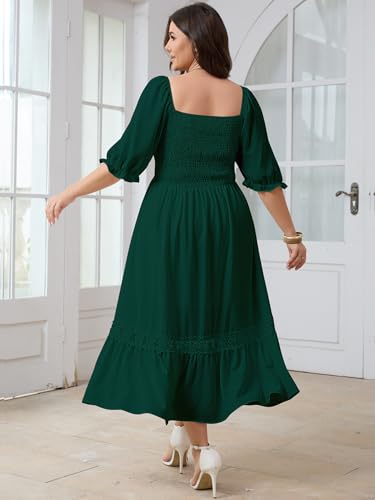 Image of SCOMCHIC Women's Plus Size Boho Maxi Dress Short Sleeve Square Neck Smocked Flowy A-Line Lace Trim Wedding Guest Dresses
