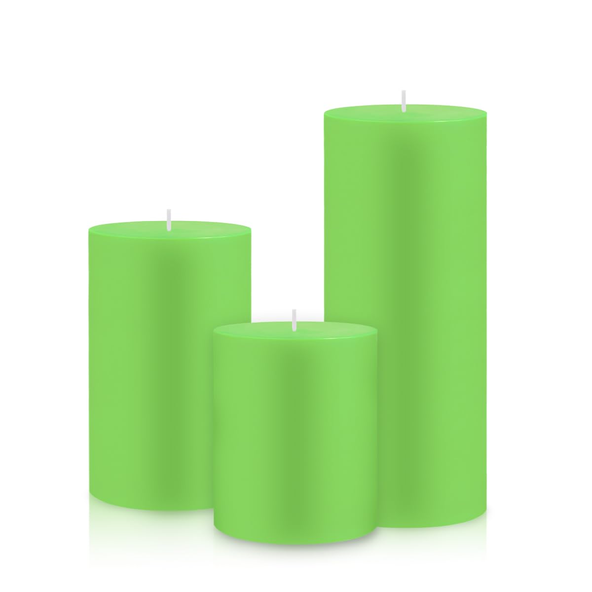 Lot de 3 bougies piliers vert clair de tailles différentes, non parfumées sans gouttes de 7,9 x 7,6 cm, 7,5 x 10,2 cm, 7,5 x 15,2 cm, bougies cylindriques en cire longue durée pour la maison, les