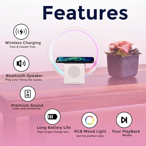Image of Bigsmall Aura Lamp: Wireless Charger, Smart Bluetooth Speaker Ambient Lighting, Bedside Night Light & Sound Machine - Stylish Desk Lamp & Home Decor for Bedroom & Living Space (BT258) 6-Month Warranty