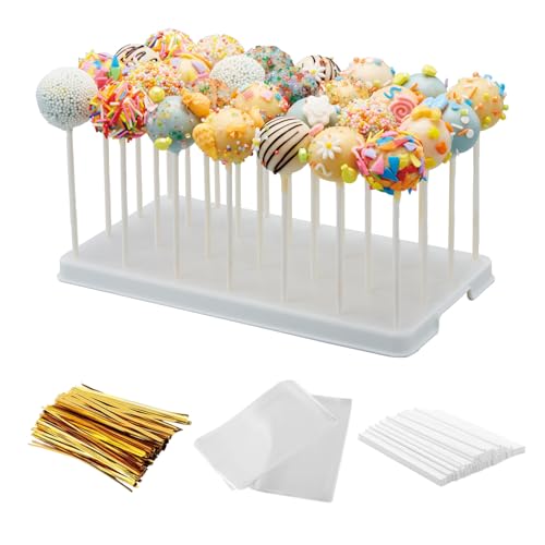 28 Holes Cake Pop Stand and Wrappers Set Lollipop Hold Stand Candy Pop Holder with 100 Pcs Cake Pop Sticks 100 Pcs Treat Bags 100 Gold Twist Ties (White)